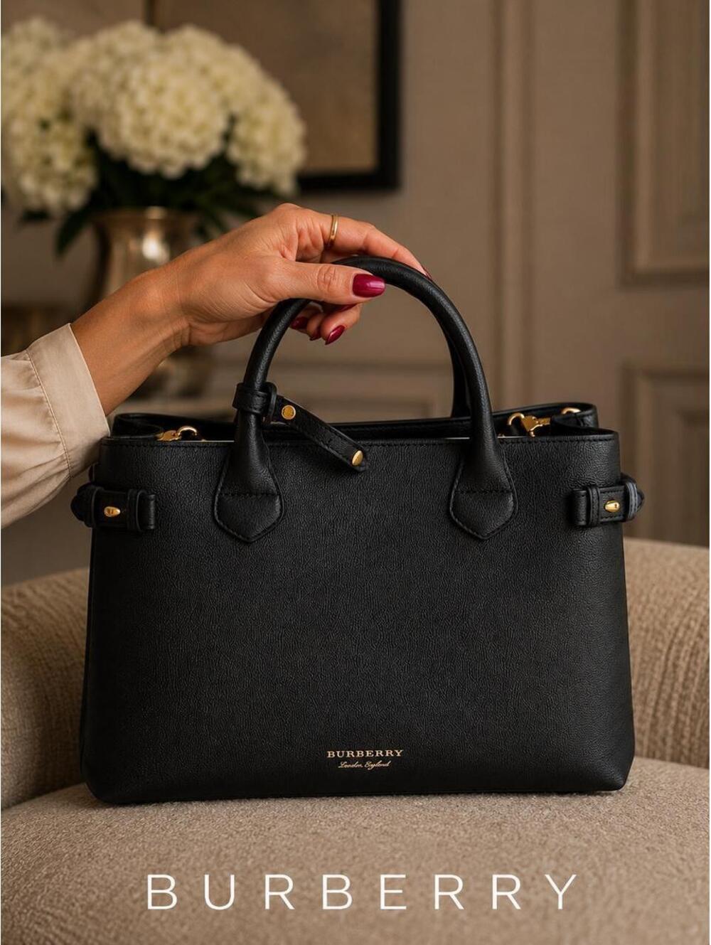Burberry Black Leather Saffiano Check Tote Bag